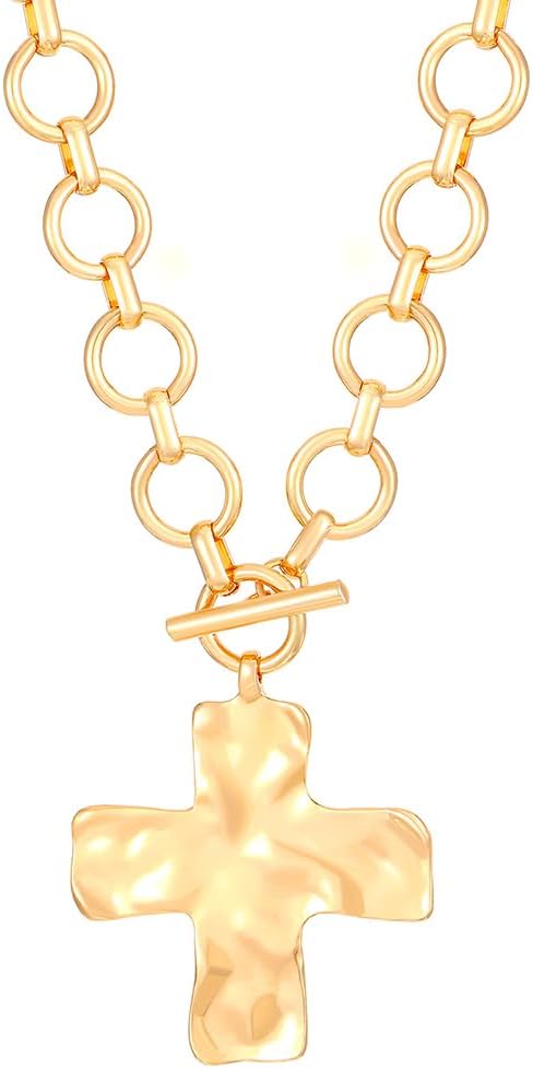 Chunky Gold Big Hammered Cross Necklace for Women Trendy, Thick Large Silver Cross Layered Heart OT Toggle Pendant Necklace Vintage Faith Chain Jewelry - Image 9