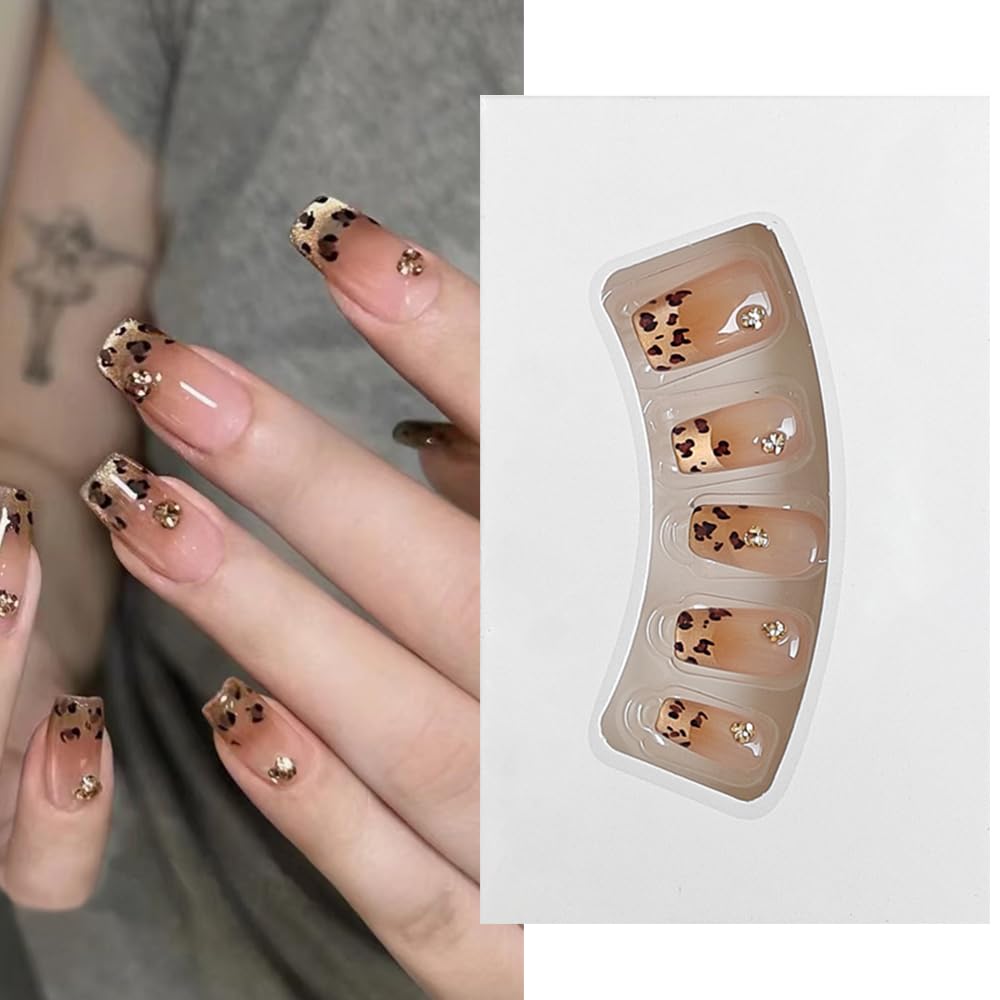 S.A.V.I 30 Pcs Nude Coffin Press-On Nails – Leopard Print & 3D Rhinestone Cat’s Eye Design – Medium Length – Reusable, Salon-Quality – Includes Glue & Adhesive Tabs-image-41