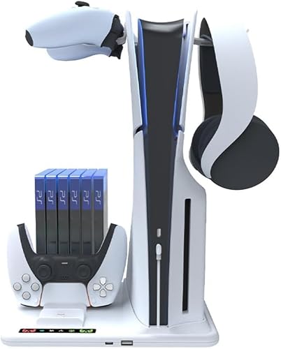 PS5 Slim Cooling Dock Stand with Dual PS5 Controllers Charging Station, for Playstation 5 Slim Console Cooling Station with 6 Game Disc Slot Organizer, with 2 Headphone Hangers