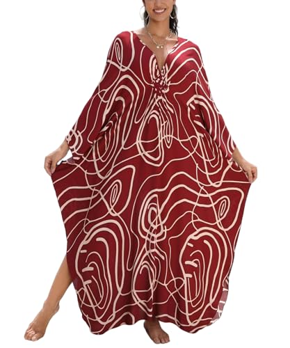 Image of IMAGEKOPE Women's Plus Size Animal Print V-Neck Batwing Kaftan Beach Dress Bathing Suit Cover-Up Loungewear