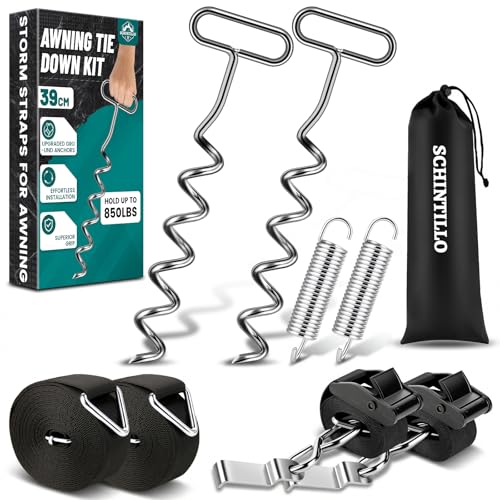 SCHINTILLO Awning Tie Down Kit Storm Straps For Thule Omnistor Storm Protection for Motorhome & Caravan Awnings with 39CM Strong Ground Anchors and Springs