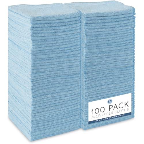 S&T INC. Microfiber Cleaning Cloth Bulk Microfiber Towel for Home Reusable and Lint Free Cloth Towels for Car Light Blue 11.5 Inch x 11.5 Inch 100 Pack