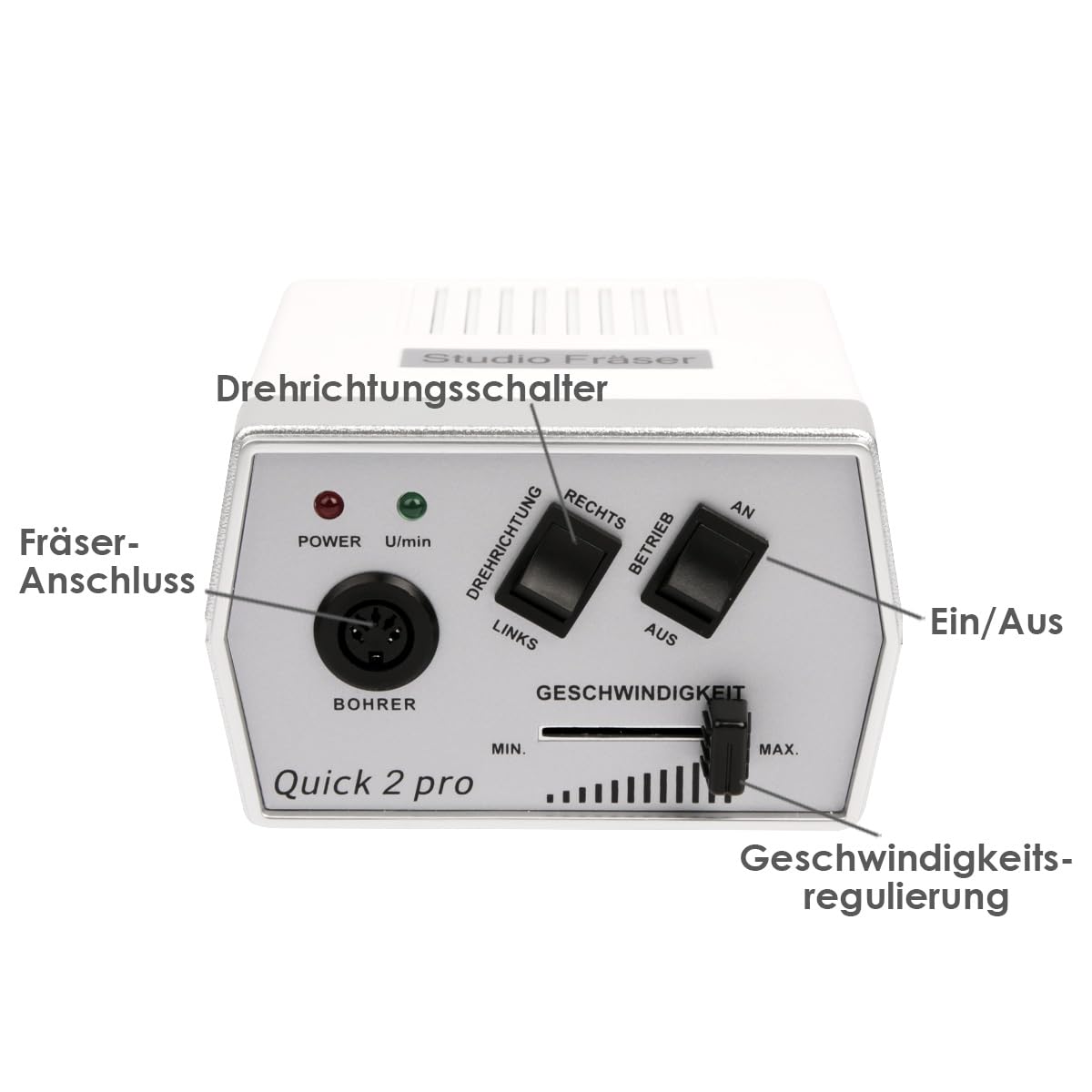 Emmi Nail Fräser Quick 2 Pro – Elektrischer Nagelfräser für Gelnägel & Lack – Nagelfeile mit 4 Bits, 20.000 U/Min, Vor-/Rücklauf, Schnellspannsystem, leise & vibrationsarm für Maniküre & Pediküre