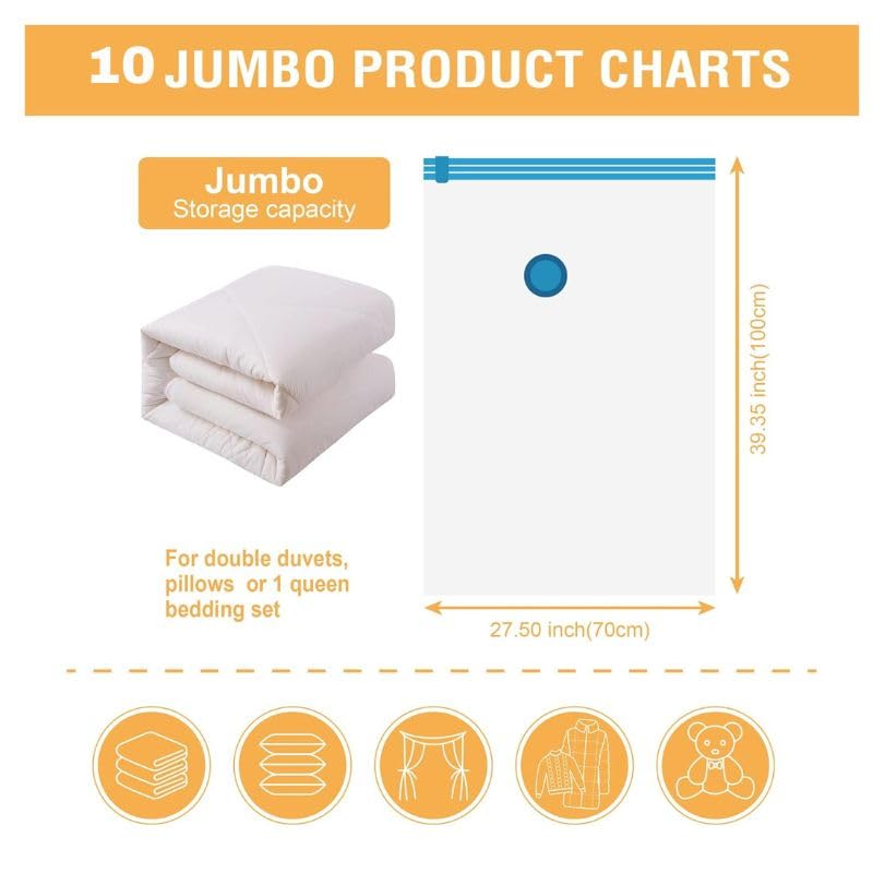 Image of 10 Jumbo Vacuum Bags for Travel, Space Saver Bags Compression Storage Bags,Storage Vacuum Sealer Bags for Clothes Storage, Vaccine Packing Bag Size (10 JUMBO (70x100cm) - WITH HANDPUMP)