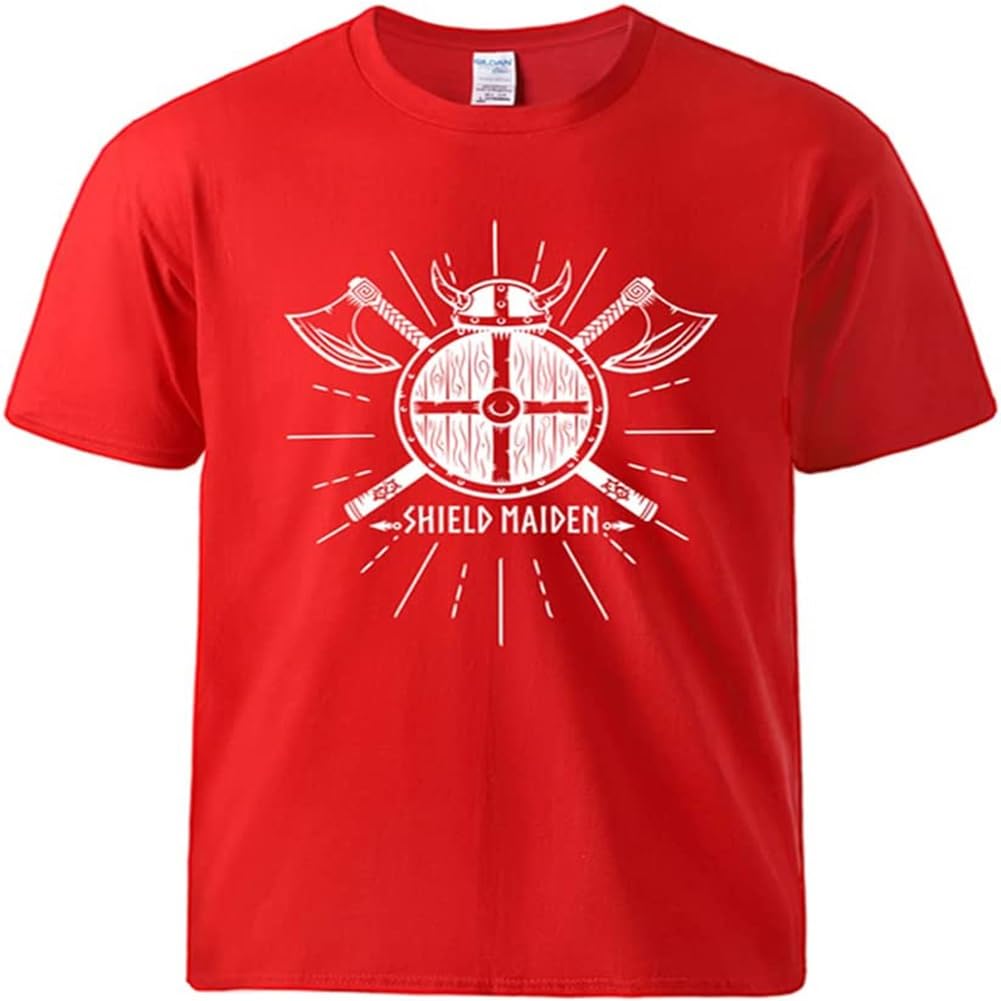 Norse Mythology Battle Ax Men's T-Shirt, 3D Viking Classic Print Summer Breathable Short Sleeves, Birthday Gift Ideas for Family and Friends. Red