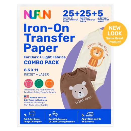 NuFun Activities Printable Iron-on Heat Transfer Paper Combo for Light & Dark Fabrics, 25 Light/25 Dark 8.5 x 11 inch, Long Lasting, Durable, Professional Quality, Easy DIY, Non-Toxic, Made In the USA