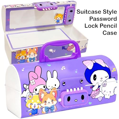 Image of WORSHIPER New Cartoon Theme Pencil Box with Push Pull Eraser Set for Kids | Suitcase Style Password Lock Stationery Organizer | School Supplies Gift Combo for Boys & Girls (Kuromi Purple + Eraser)