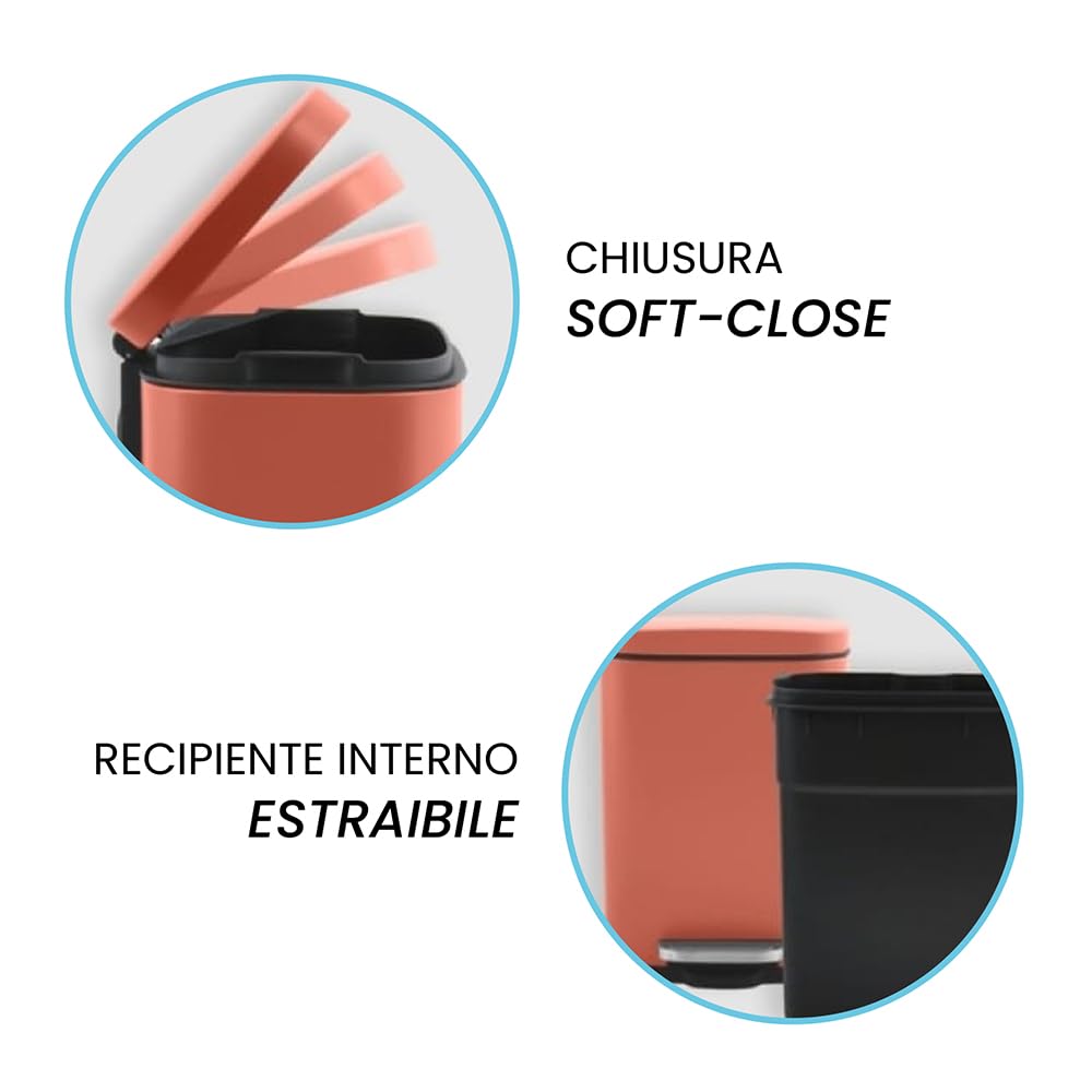 Set 2 Accessori Bagno Pattumiera 5 Litri A Pedale Con Chiusura Rallentata E Portascopino Con Ciuffo Removibile - In Acciaio Color Terracotta Opaco – Design Moderno Axin Anti-Impronta