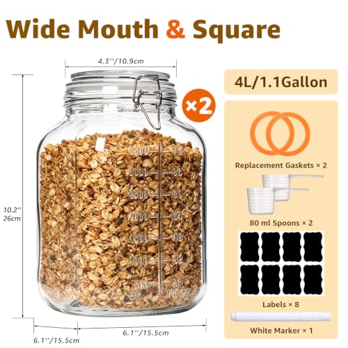 Image of Large Square Glass Jars with Airtight Lids 1.1 Gallon Wide Mouth | 2 Pack Square Canisters with Measurement Marks for Bulk Flour Storage, Flour, Sugar, Fermenting Kombucha & Pickling 128 oz