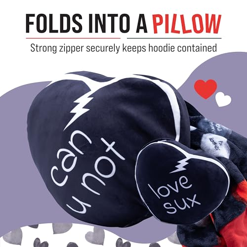 Image of Wearable Blanket Hoodie - inchLove Sux inch 2-in-1 Blanket Hoodie for Adults - Oversized Sweatshirt with Pocket - Funny Breakup Gift & Anti-Valentine's Reversible Hoodie