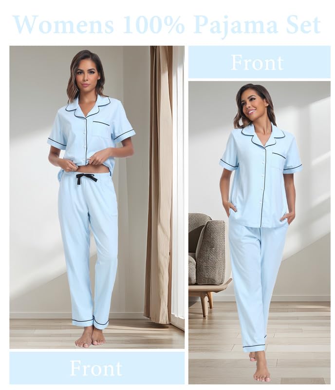 Image of CF Womens 100% Cotton Pajamas Set Button Down Pjs Sets Short Sleeve Top & Long Pants Sleepwear Comfy Loungewear with Pockets