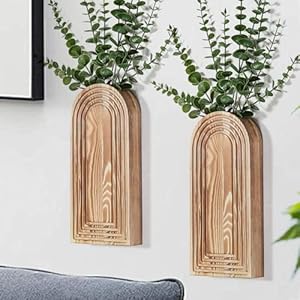 2 Pack Wooden Wall Vase Set – Brown Finish Modern Farmhouse & Boho Wall Decor for Entryway, Hallway, Bathroom, Living Room, Dining Room, Narrow Spaces
