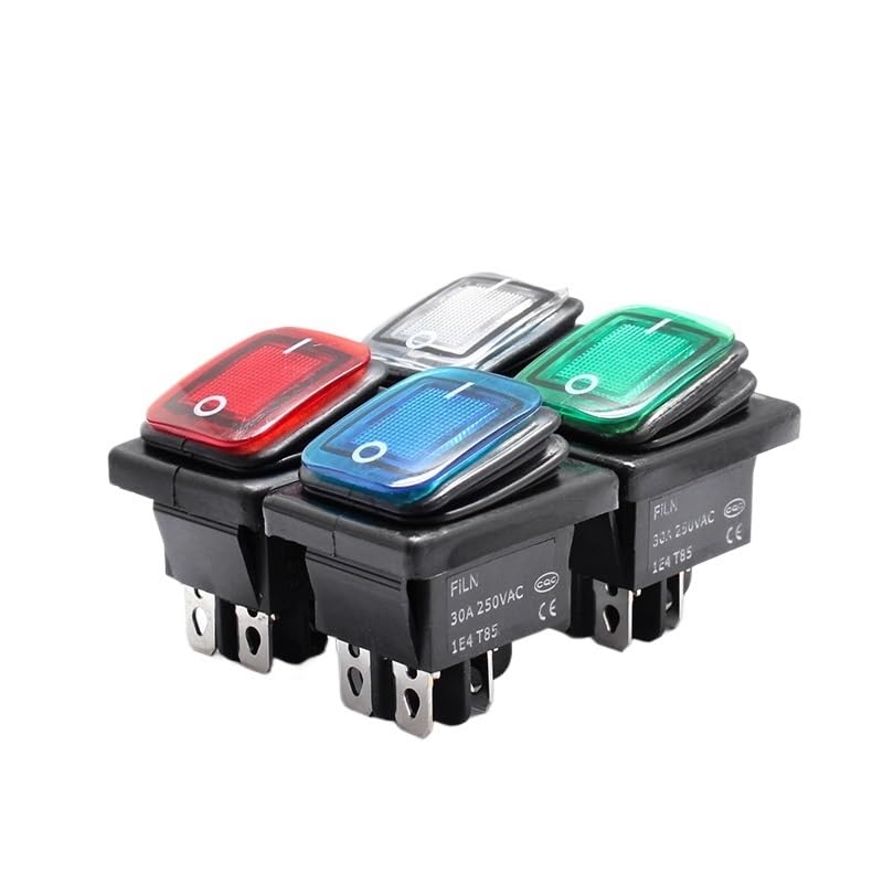 50pcs kcd4 Heavy Duty Waterproof on Off Sliver Contact Point Copper pin Green red led lamp 220v 30A Rocker Switch(Red,220v)