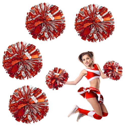 DSLSQD 4 Pack Cheerleading Pom Poms, 8.7 Inch Cheerleader Pompoms with Baton Handle for Teen Girls School Sports Games Dance Party Cheering (Red and Silver)