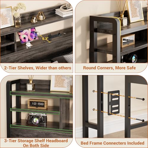 Image of Aheaplus Headboard for Full Size Bed with Storage and Outlets, Black Oak | Headboards with LED Light, Power Outlets, USB Ports Full Size Head Board, Wood headboard Only Sturdy and Stable Headboards