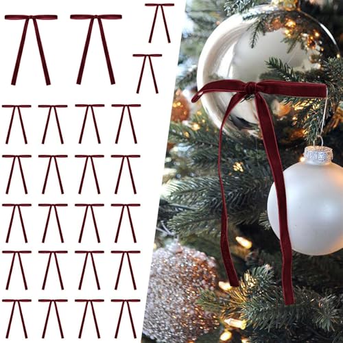 Dempiire 24 Pcs Velvet Christmas Bows for Christmas Tree Rustic Crafts Gift Bows Vintage Velvet Ribbon Bows for Xmas Home Outdoor Indoor Wedding Christmas Tree Wreath Bow (Wine)