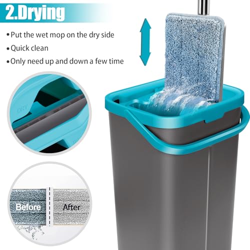 MASTERTOP Wischmopp Set mit Eimer, 2 in1 Bodenwischer mit Auswringfunktion für Nass-Trockennutzung, 141cm Flach Mopp Wischmop Set mit 6 Mikrofaser Pads für Alle Hartböden, Blau – Bild 4