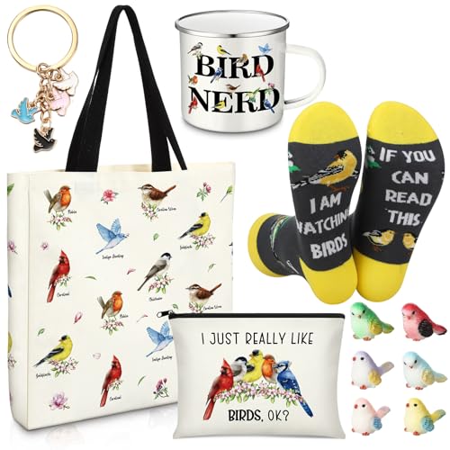 Yeyeplum Bird Lover Gifts for Women Birthday Gifts Baskets Set Include Canvas Tote Bag Makeup Bag Socks Keychain Enamel Mug Small Figurines for Mom Wife Sister Friend