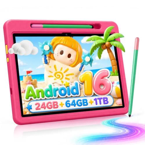 Image of Android 16 Kids Tablet HD 10 Inch with Stylus & Case, 24GB RAM 64GB ROM 1TB