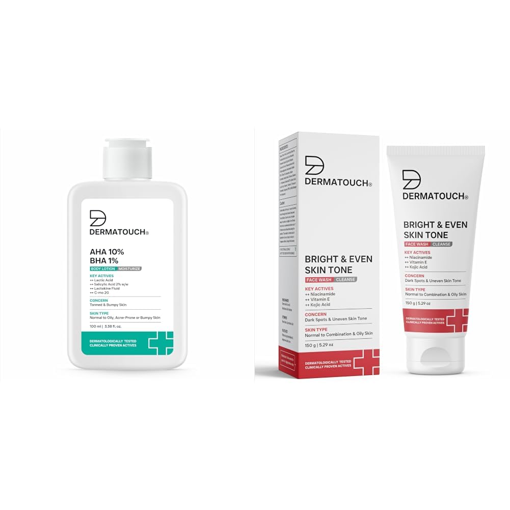 DERMATOUCH AHA 10% BHA 1% Body Lotion For Men and Women 100ml & Bright & Even Tone Face Wash with Niacinamide, Vitamin E and Kojic Acid 150g-image-35