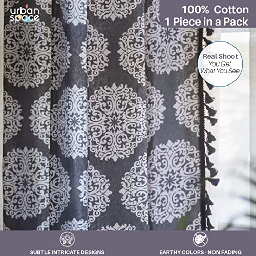 Image of Urban Space Boho Decorative Curtains for Window, 100% Cotton Curtain 5 Feet Long, Set of 1 Curtains with Tassels, 60-65% Room Darkening Curtain with Tieback and Eyelets (Mandala Grey, 5 Feet)