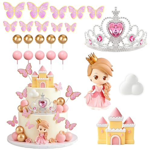Castillo para Decoración de Tartas Niña, 24 PCS Rosa Decoracion Tartas: Decoración Tarta de Bolas Corona, Mariposa Cake Topper, Decoración de Nube, para Aniversarios y Baby Showers