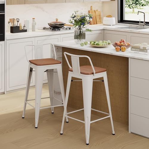 Image of Yongchuang 24 inch Barstools Set of 2 Counter Height Bar Stools Farmhouse Kitchen Metal Bar Chairs with Wood Seat Low Back Cream White