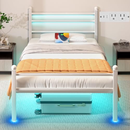 Image of J.Fkne Twin Bed Frame with LED Lights & Charging Station, Metal Platform Bed with Headboard, Heavy Duty Metal Slats, No Box Spring Needed, Noise Free, Easy Assembly, White