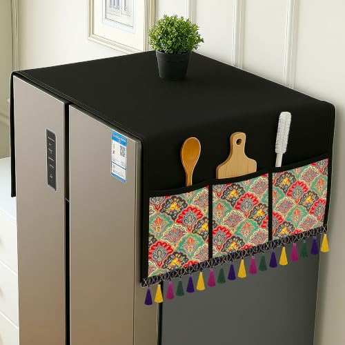 Image of Refrigerator Double Door Waterproof, Dustproof, Tassel Lace Refrigerator Top Cover, Protective Covers for Fridges with Extra Storage Space Nylon Top cover with 6 Storage Pockets (Flower, 170 x 65 cm)