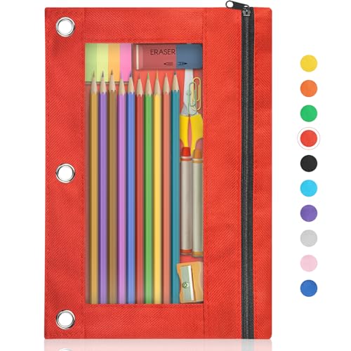 Image of Shemira Pencil Pouch for 3 Ring Binder, Binder Pencil Pouch with Smooth Zipper, Clear Window Pencil Case for Binder, Zipper Pencil Pouches, Big Capacity 3 Ring Binder Pencil Bag, RED