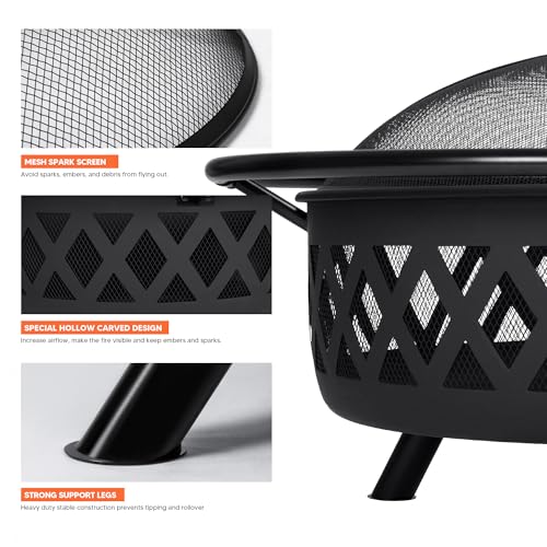 SUNCREAT 42” Patio Fire Pit Wood Burning with Mesh Spark Screen, Bonfire Outdoor firepit with Fireplace Poker, Black