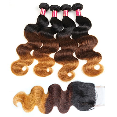Allove Hair Ombre Brazilian Virgin Hair Body Wave Bundles with Closure (14 16 18 20+14) 1B-4-27 Ombre Body Wave Hair Weave with 4X4 Free Part Body Wave Lace Closure