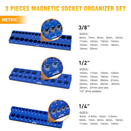 Image of GOOACC 3 PCS Magnetic Socket Organizer Set, Heavy Duty Metric Socket Organizer Tray 1 /4 inch 3 /8 inch 1 /2 inch Impact Drive Sockets Holds 75, Magnetic Socket Holder for Tool Box Drawer Chest Garage Storage, Blue