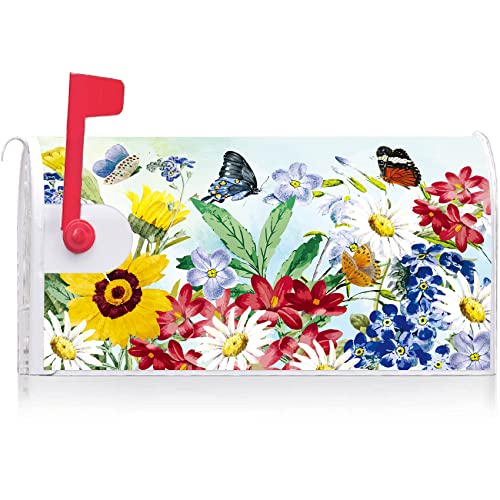 Image of Texupday Spring Summer Flower Butterfly Decoration Mailbox Cover with Magnetic Strip Colorful Floral Blooms Mailbox Wraps Post Letter Box Cover Standard Size 21 inch X 18 inch for Garden Outdoor Yard Decor