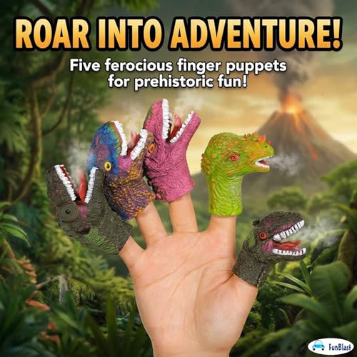 Image of FunBlast Dinosaur Finger Puppets Set for Kids - Soft Rubber Realistic Dino Head Toys for Pretend Play, Birthday Return Gifts & Party Favors (Pack of 5) - Color May Vary