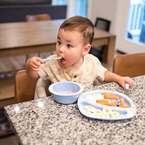 Image of The First Years Bluey 4-Piece Place Setting - BPA Free Dishwasher Safe Toddler Dinnerware Set with Divided Plate, Bowl, Fork, Spoon - Multicolor, 4 Piece Set (Pack of 12)