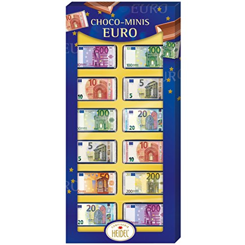 12er Choco-Minis Euro - Chocolate con leche - De 5 a 500 en billetes de euro - Para regalos en efectivo - Chocolates para regalar en ocasiones especiales - Compatible con Heidel - 36g