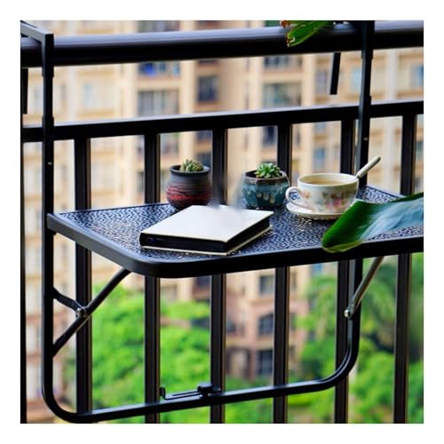 Mesa de balcón colgante de hierro forjado de altura ajustable para terraza, mesa de bar decorativa con diseño hueco en color negro