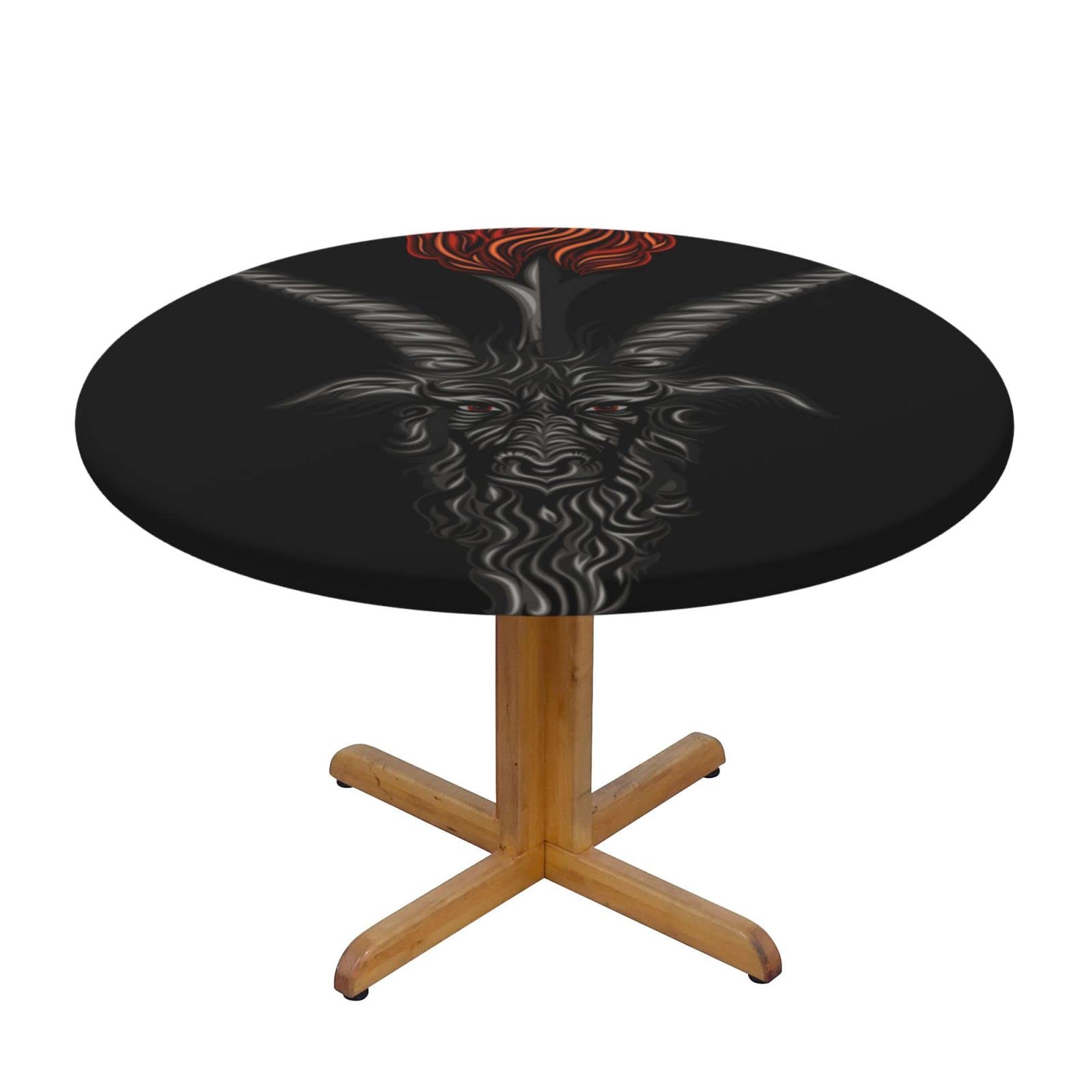 Lsjuee Round Fitted Tablecloth 45-50in Elastic Edged Table Cloth for Kitchen Dining Party Home Decor - Demon Sheep Goat Occult Black