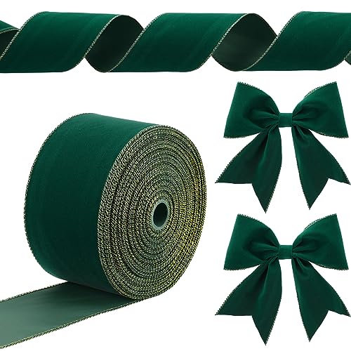 Yungyan Velvet Ribbons with Gold Edge Felt Ribbon Gift Bow Wrapping Ribbon Waterproof for Handmade, Home Decor, Gift Wrapping, Wreath DIY Crafts, Christmas Tree(Green,4 Inch X 35 Yards)