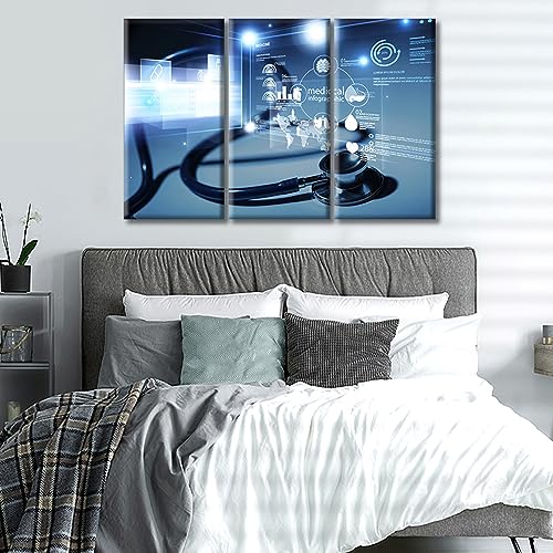 Image of 3 Panels Stethoscope and Medical Framed Wall Art Medical Stethoscope and Infographic Canvas Photo Art Prints Medical Prints for Wall Decor Giclee Gallery-Wrapped Posters and Prints (36 inch Wx24 H)