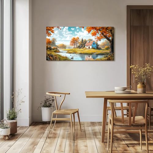 SERIMINO Nature Landscape Wall Art, Lakeside Farmhouse Canvas Large Artwork, Autumn Forest Cottage Scenic Wall Prints, Rustic Pictures Wall Decor Living Room Bedroom Bathroom Kitchen 24"X48"