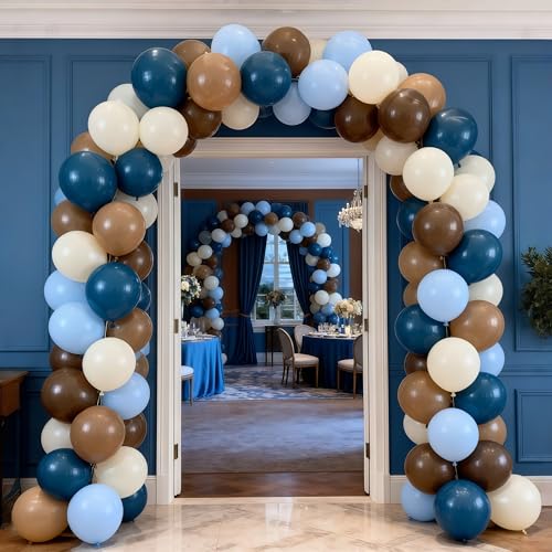 Image of Blue and Brown Balloons Bear Dusty Pastel Blue Khaki Nude White Sand Balloons Tan Apricot Beige Cream Balloon for Boys One Sweet Cookie Baby Shower Birthday Gender Reveal Party Decorations
