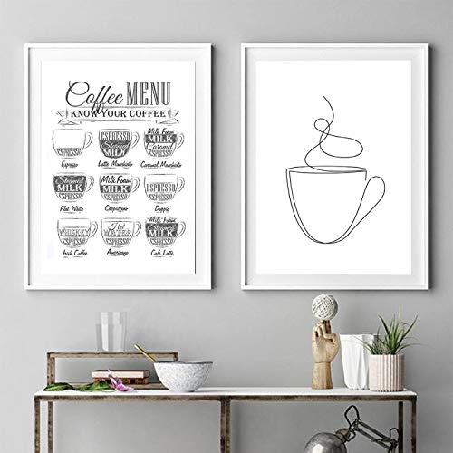 Lienzo de pared decorativo de café blanco y negro: póster de líneas simples para cafetería 2