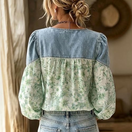 Floral Tops for Women Denim Patchwork Button Puff Long Sleeve V Neck Tops - image 5