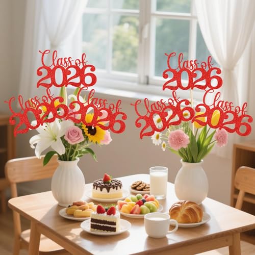 Image of Class of 2026 Decorations - 20 Pcs Red Graduation Centerpieces for Tables, Double-Sided Red Graduation Decorations 2026 with Grad Centerpiece Sticks