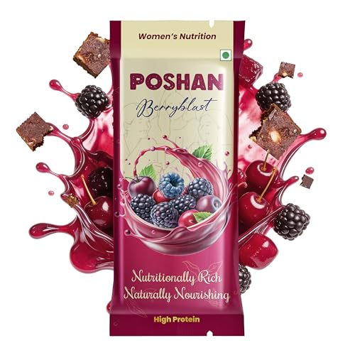 Image of POSHAN Women's Nutrition Protein Bar, 40 g | 8g Protein with 4G Fiber |No Added Sugar, 100% Vegetarian & Gluten-Free| Made with Dates, Ragi and Superfoods| Gut Friendly, No Trans Fat (Pack of 1, Berryblast)