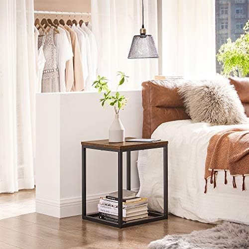 VASAGLE End Table, Square Side Table, Night Table, Steel Frame, for Living Room, Study, Bedroom, Industrial, Rustic Brown and Black LET270B01