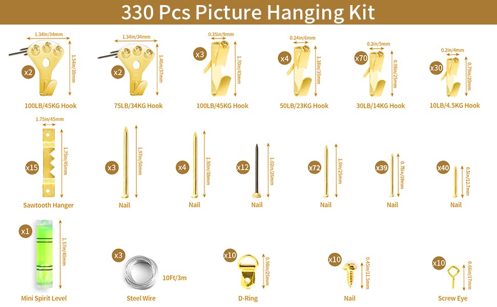 Image of Picture Hanging Assortment Kit, 330PCS Picture Hanging Kit, Picture Hangers, Picture Hanging Hooks, with Sawtooth, Screw Eyes, D Rings, Nails, Screws, Steel Wire,10-100lb Frame Hanging Hardware