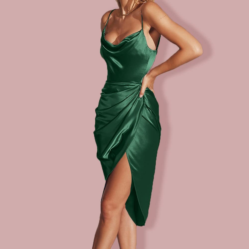 Damen Sexy Bodycon Maxikleid Cami Figurbetontes Kleid, Damen Spaghettiträger Midikleid Asymmetrisch Figurbetontes Ärmelloses Kleid Enger Sommerkleid Partykleid mit Schlitz